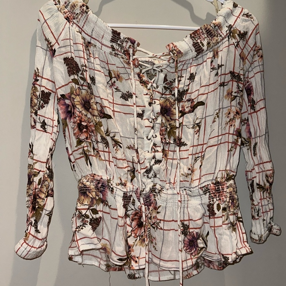 White floral/plaid off the shoulder long sleeve shirt